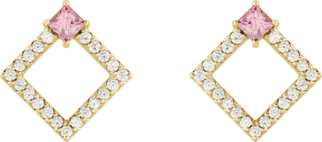14K Gold Square Natural Pink Tourmaline Accented Geometric Earrings - Yellow Gold - view 5