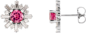 14K Gold Round Natural Pink Tourmaline & Natural Diamond Halo-Style Star Earrings – 5mm Stones - White Gold