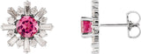 Platinum Round Natural Pink Tourmaline & Natural Diamond Halo-Style Star Earrings