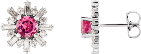 Platinum Round Natural Pink Tourmaline & Natural Diamond Halo-Style Star Earrings