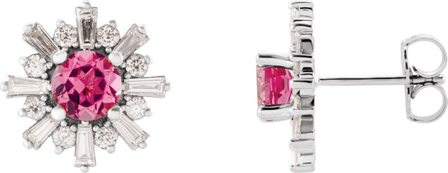 Platinum Round Natural Pink Tourmaline & Natural Diamond Halo-Style Star Earrings