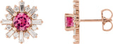 14K Gold Round Natural Pink Tourmaline & Natural Diamond Halo-Style Star Earrings – 5mm Stones - Rose Gold