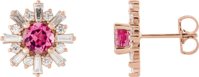 14K Gold Round Natural Pink Tourmaline & Natural Diamond Halo-Style Star Earrings – 5mm Stones - Rose Gold