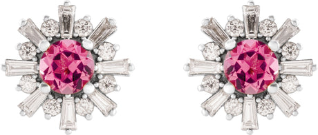 Platinum Round Natural Pink Tourmaline & Natural Diamond Halo-Style Star Earrings - view 2