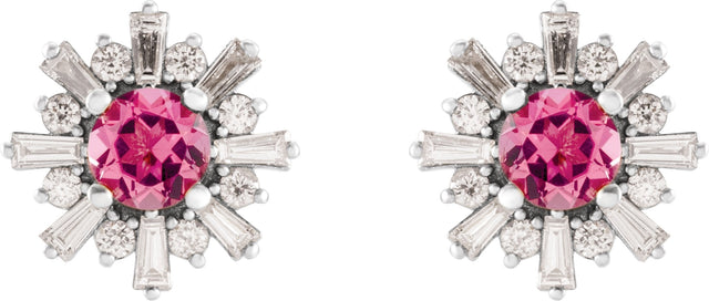 14K Gold Round Natural Pink Tourmaline & Natural Diamond Halo-Style Star Earrings – 5mm Stones - White Gold - view 2