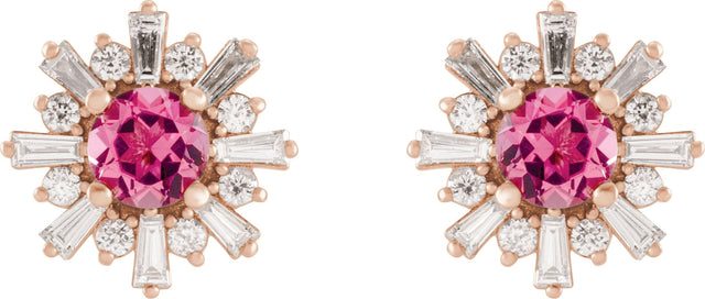 14K Gold Round Natural Pink Tourmaline & Natural Diamond Halo-Style Star Earrings – 5mm Stones - Rose Gold - view 2