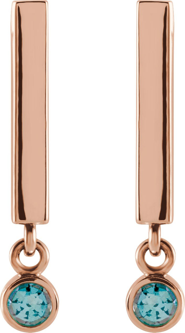 14K Gold Round Natural Aquamarine Bezel-Set Bar Earrings - Rose Gold - view 6