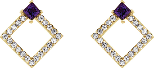 14K Gold Square Natural Amethyst Accented Geometric Earrings - Yellow Gold - view 5