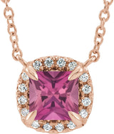 14K Gold Square Natural Pink Tourmaline & Natural Diamond Halo-Style Necklace - Rose Gold