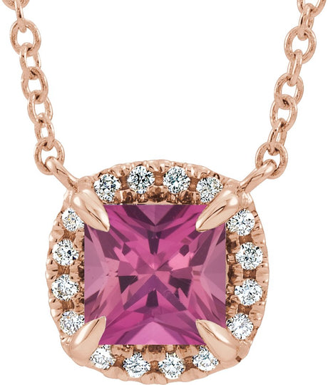 14K Gold Square Natural Pink Tourmaline & Natural Diamond Halo-Style Necklace - Rose Gold