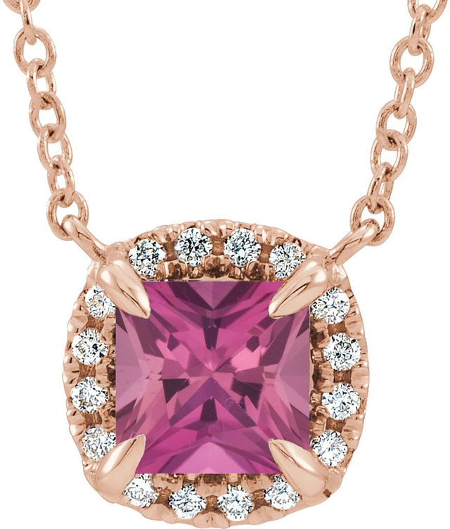14K Gold Square Natural Pink Tourmaline & Natural Diamond Halo-Style Necklace - Rose Gold