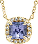 14K Gold Square Natural Tanzanite & Natural Diamond Halo-Style Necklace - Yellow Gold
