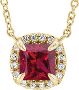 14K Gold Square Natural Ruby & Natural Diamond Halo-Style Necklace - Yellow Gold