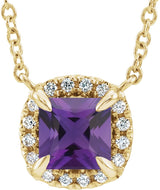 14K Gold Square Natural Amethyst & Natural Diamond Halo-Style Necklace - Yellow Gold