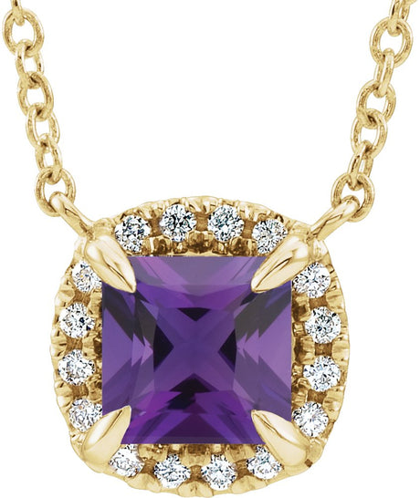 14K Gold Square Natural Amethyst & Natural Diamond Halo-Style Necklace - Yellow Gold