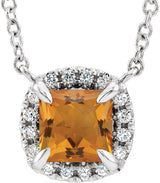 14K Gold Square Natural Citrine & Natural Diamond Halo-Style Necklace - White Gold