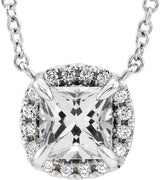 14K Gold Square Natural White Sapphire & Natural Diamond Halo-Style Necklace - White Gold