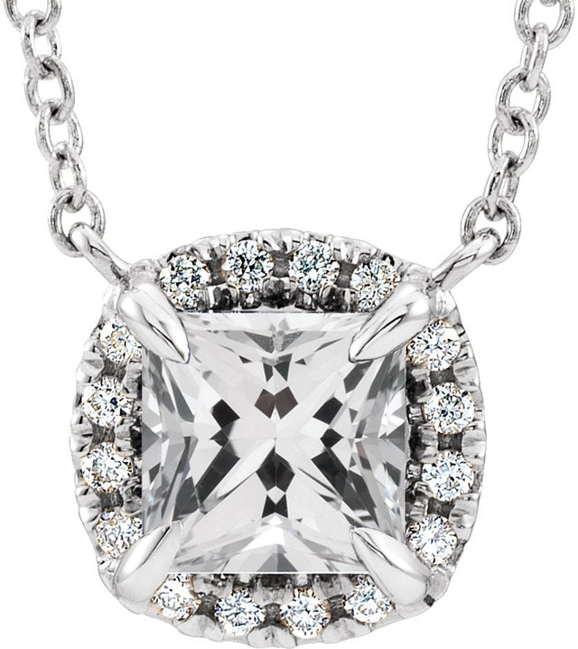 14K Gold Square Natural White Sapphire & Natural Diamond Halo-Style Necklace - White Gold