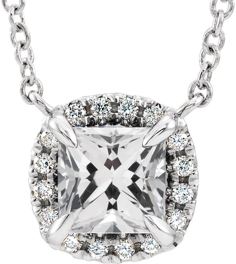 Platinum Square Natural White Sapphire & Natural Diamond Halo-Style Necklace