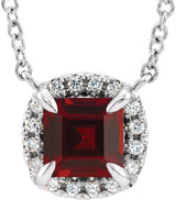 Platinum Square Natural Mozambique Garnet & Natural Diamond Halo-Style Necklace