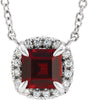 Platinum Square Natural Mozambique Garnet & Natural Diamond Halo-Style Necklace