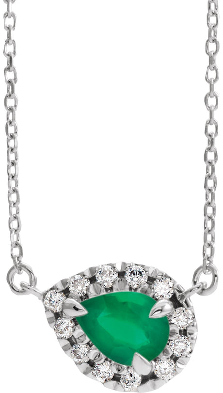 14K Gold Pear Natural Emerald & Natural Diamond French-Set Halo-Style Necklace - White Gold