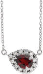 Platinum Pear Natural Mozambique Garnet & Natural Diamond French-Set Halo-Style Necklace