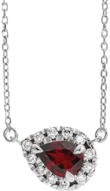 14K Gold Pear Natural Mozambique Garnet & Natural Diamond French-Set Halo-Style Necklace - White Gold