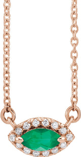14K Gold Marquise Lab-Grown Emerald & Natural Diamond French-Set Halo-Style Necklace - Rose Gold