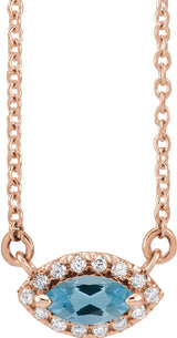 14K Gold Marquise Natural Blue Zircon & Natural Diamond French-Set Halo-Style Necklace - Rose Gold