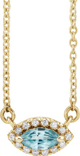 14K Gold Marquise Natural Aquamarine & Natural Diamond French-Set Halo-Style Necklace - Yellow Gold