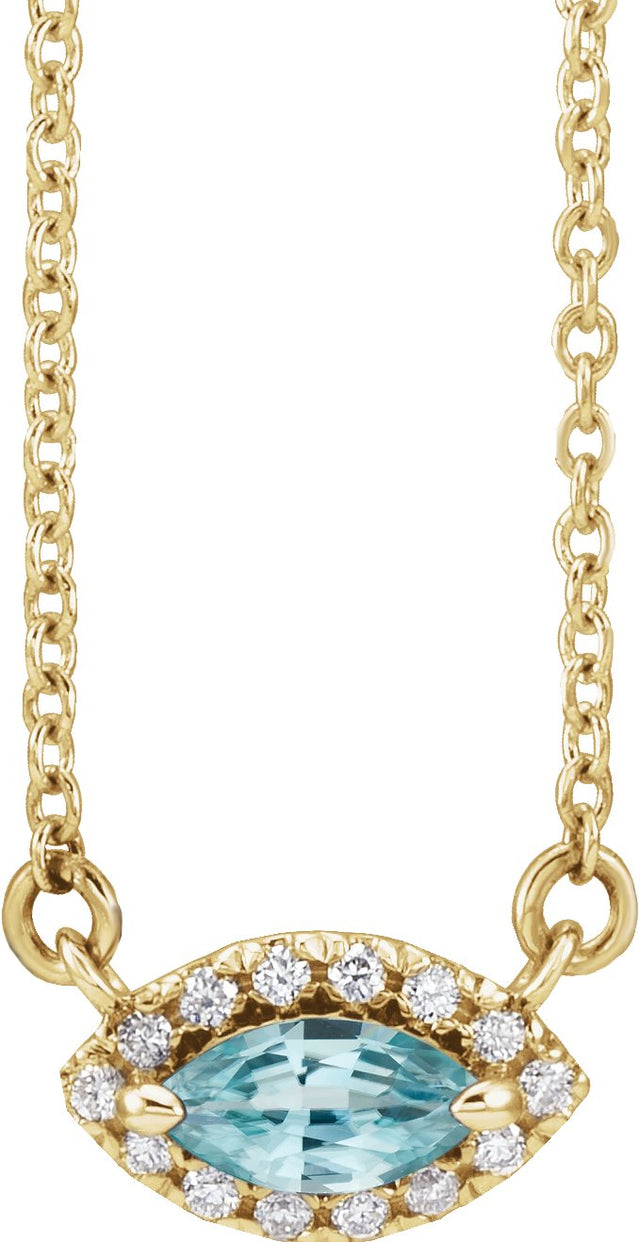 14K Gold Marquise Natural Aquamarine & Natural Diamond French-Set Halo-Style Necklace - Yellow Gold