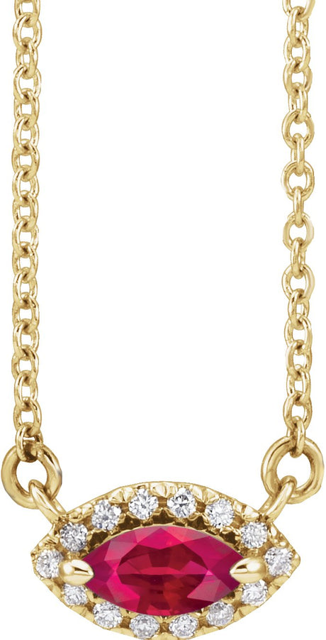14K Gold Marquise Natural Ruby & Natural Diamond French-Set Halo-Style Necklace - Yellow Gold