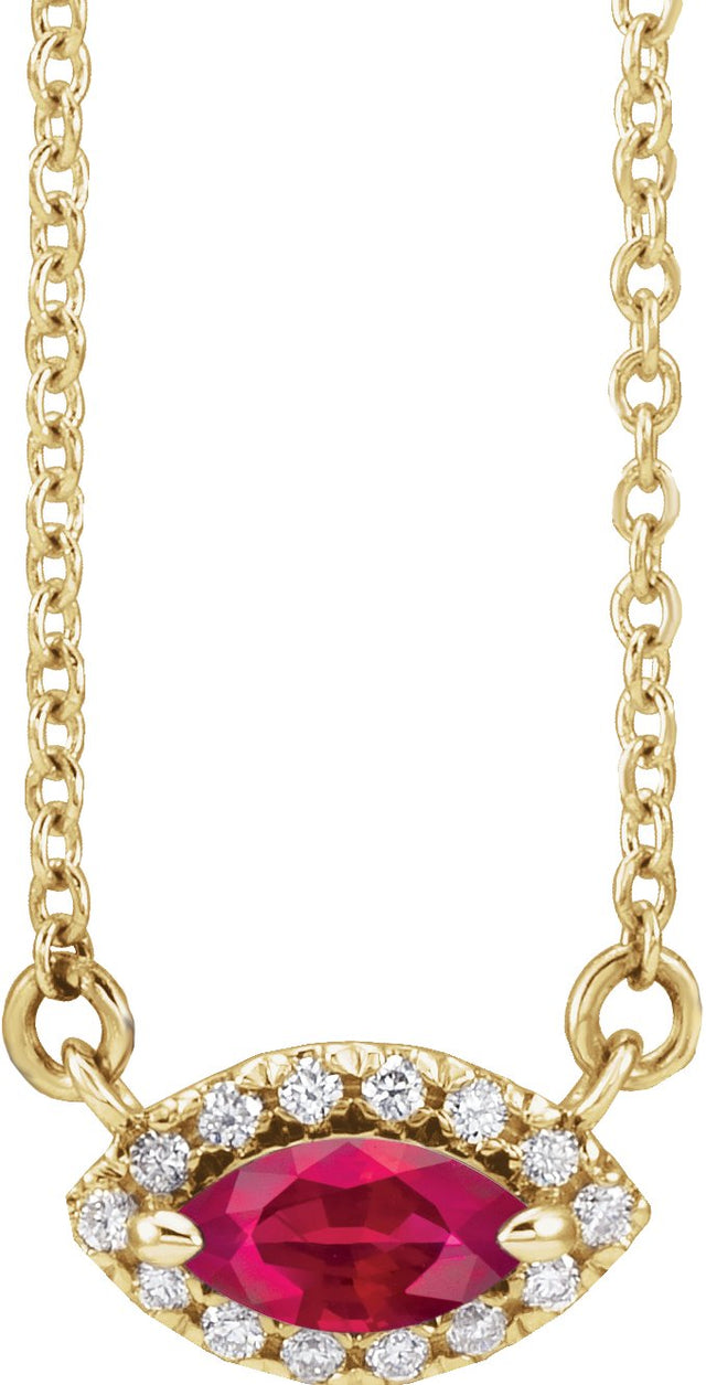 14K Gold Marquise Natural Ruby & Natural Diamond French-Set Halo-Style Necklace - Yellow Gold