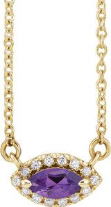 14K Gold Marquise Natural Amethyst & Natural Diamond French-Set Halo-Style Necklace - Yellow Gold