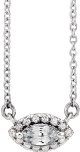 14K Gold Marquise Natural White Sapphire & Natural Diamond French-Set Halo-Style Necklace - White Gold