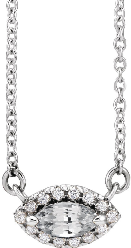 14K Gold Marquise Natural White Sapphire & Natural Diamond French-Set Halo-Style Necklace - White Gold
