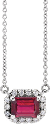 14K Gold Emerald Natural Ruby & Natural Diamond French-Set Halo-Style Necklace - White Gold