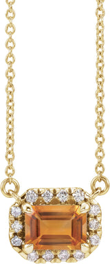 14K Gold Emerald Natural Citrine & Natural Diamond French-Set Halo-Style Necklace - Yellow Gold