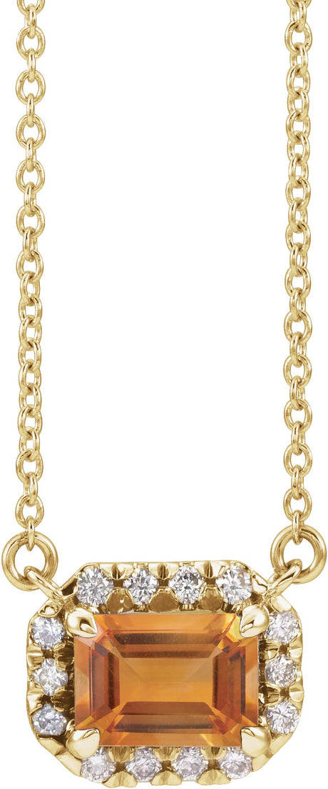 14K Gold Emerald Natural Citrine & Natural Diamond French-Set Halo-Style Necklace - Yellow Gold