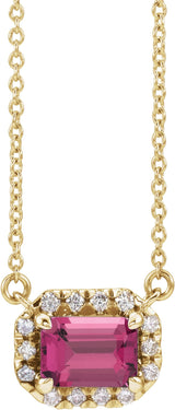 14K Gold Emerald Natural Pink Tourmaline & Natural Diamond French-Set Halo-Style Necklace - Yellow Gold