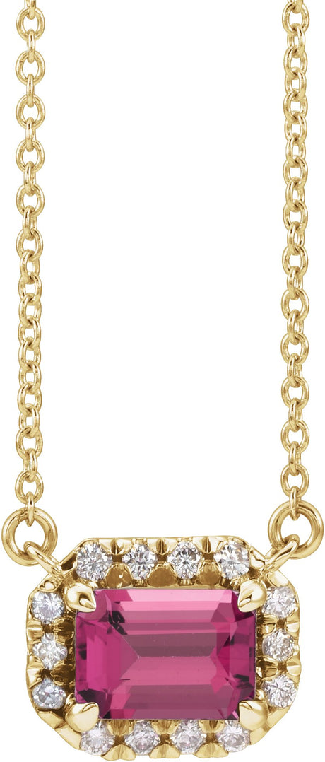 14K Gold Emerald Natural Pink Tourmaline & Natural Diamond French-Set Halo-Style Necklace - Yellow Gold