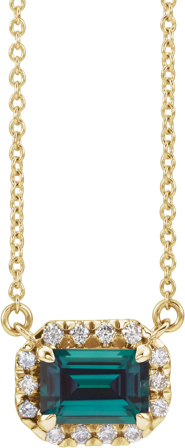 14K Gold Emerald Lab-Grown Alexandrite & Natural Diamond French-Set Halo-Style Necklace - Yellow Gold
