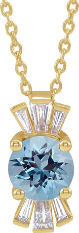 14K Gold Round Natural Aquamarine & Natural Diamond Accented Necklace or Pendant – 1/6 CTW - Yellow Gold