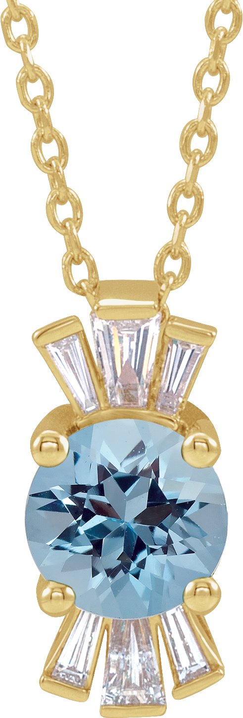 14K Gold Round Natural Aquamarine & Natural Diamond Accented Necklace or Pendant – 1/6 CTW - Yellow Gold