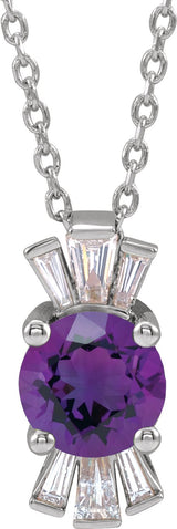14K Gold Round Natural Amethyst & Natural Diamond Accented Necklace or Pendant – 1/6 CTW - White Gold