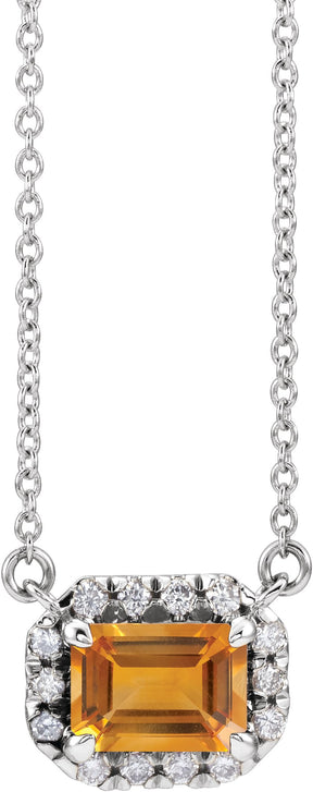 Platinum Emerald Natural Citrine & Natural Diamond French-Set Halo-Style Necklace