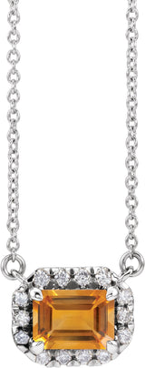 14K Gold Emerald Natural Citrine & Natural Diamond French-Set Halo-Style Necklace - White Gold