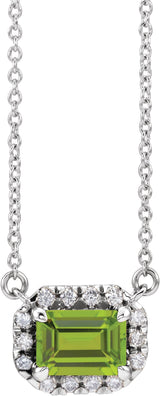 Platinum Emerald Natural Peridot & Natural Diamond French-Set Halo-Style Necklace
