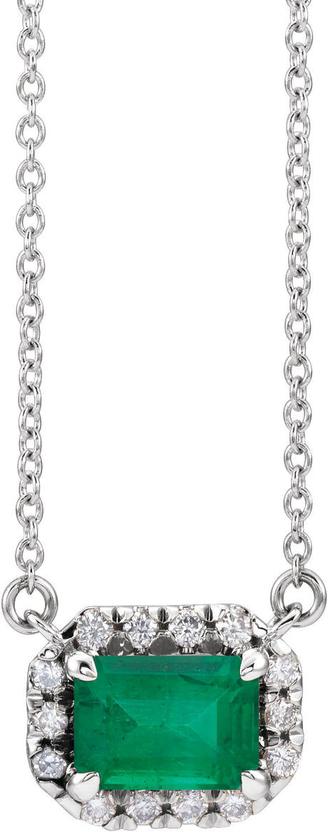 Platinum Emerald Lab-Grown Emerald & Natural Diamond French-Set Halo-Style Necklace